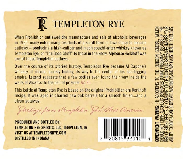 Modified Templeton Rye Whiskey label back